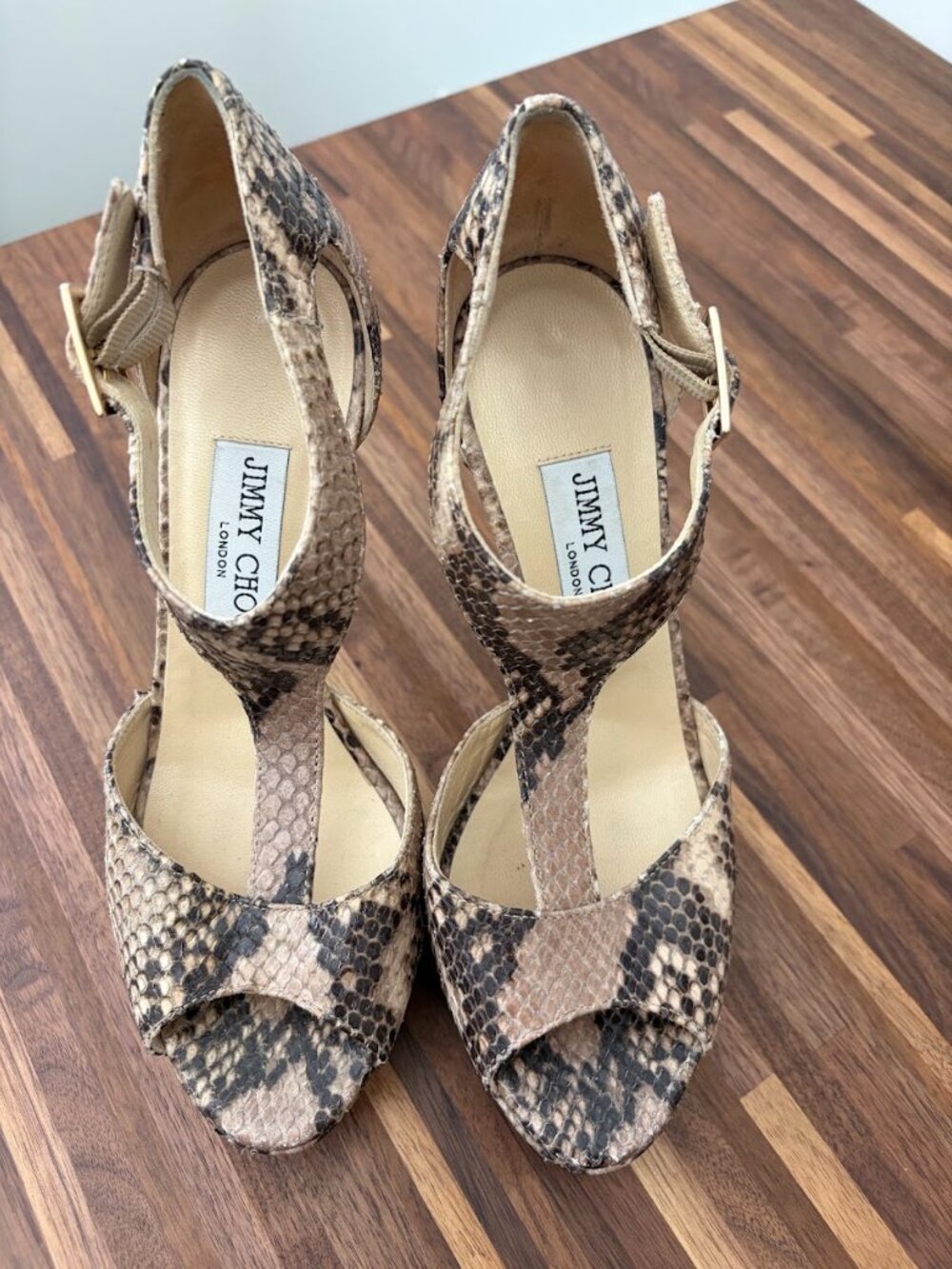 Jimmy Choo Tan & Brown Snakeskin T-Strap Platform Sandals- Size 36 1/2 - Picture 5 of 8